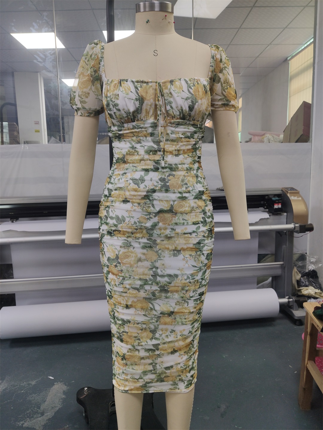 Printed Mesh Midi Dress