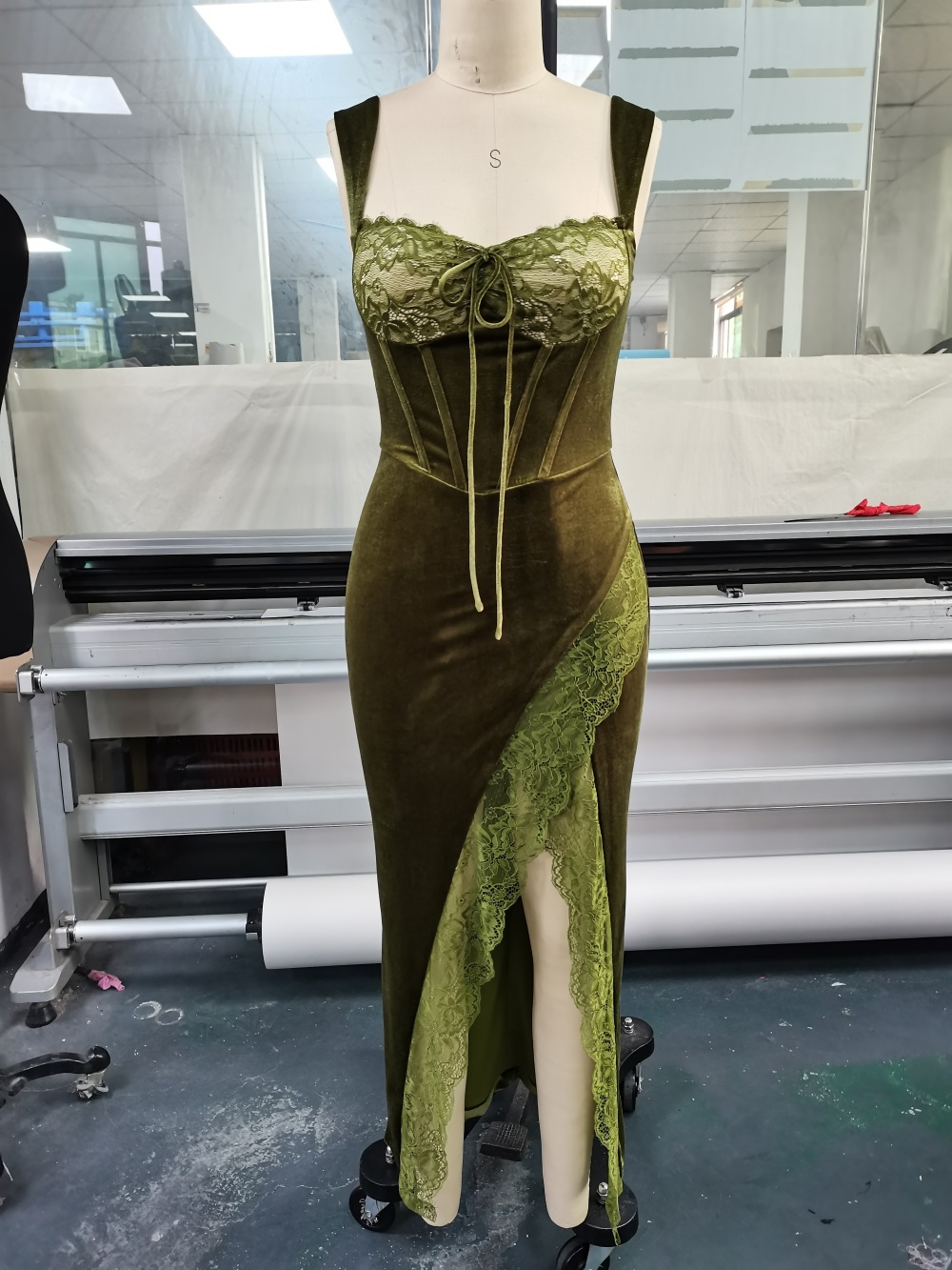 Olive velvet wedding guest dress