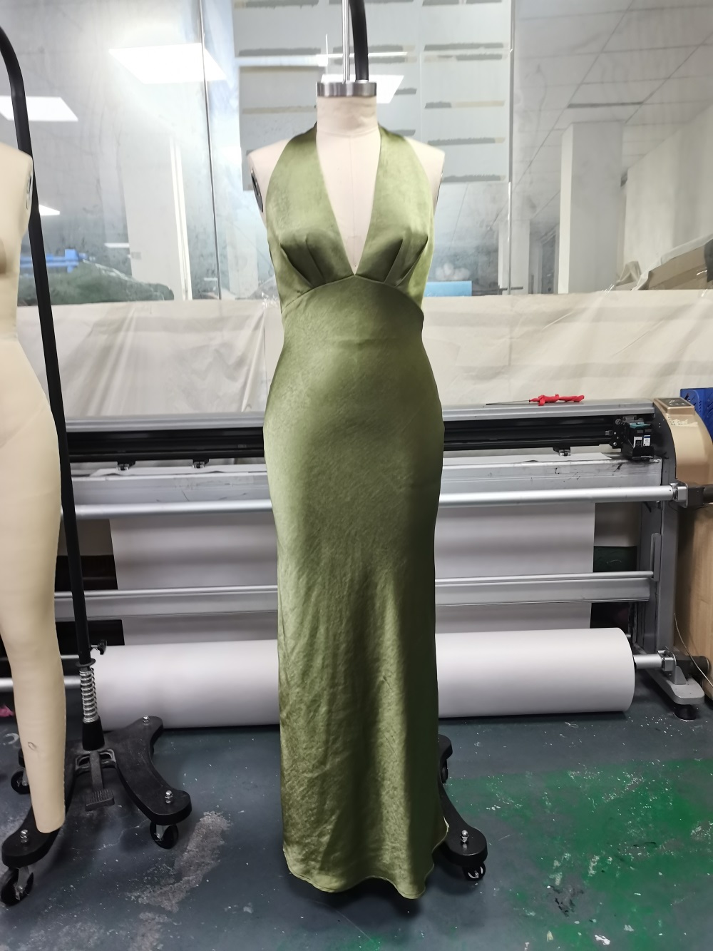 Olive green maxi satin dress
